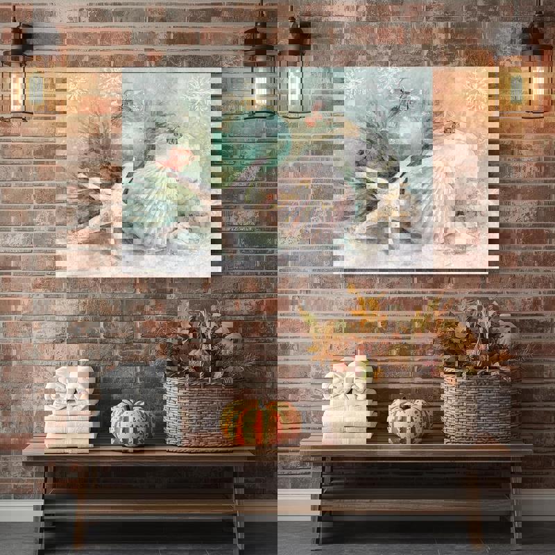 Coastal Christmas canvas wall art, teal watercolor shell collage on warm beige sand background, beach bathroom decor, landscape