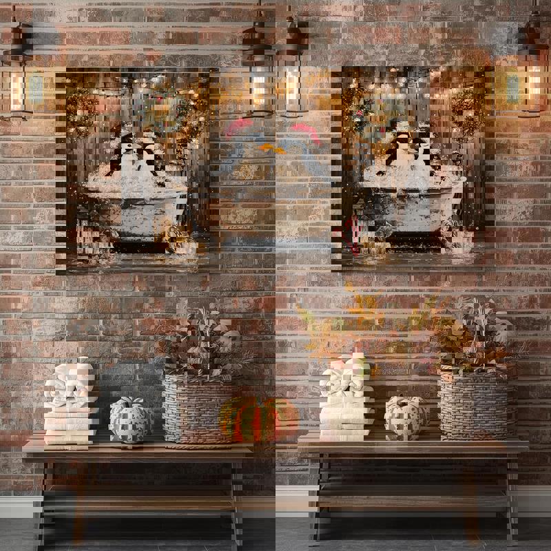 Couple penguins in Christmas bathtub canvas wall art, soft watercolor illustration adds charm to winter bathroom styling and guest spaces