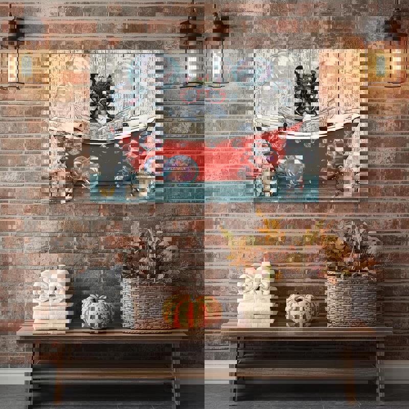 French Bulldog with Christmas wreath canvas wall art, whimsical holiday dog print for bathroom walls and seasonal cheer.