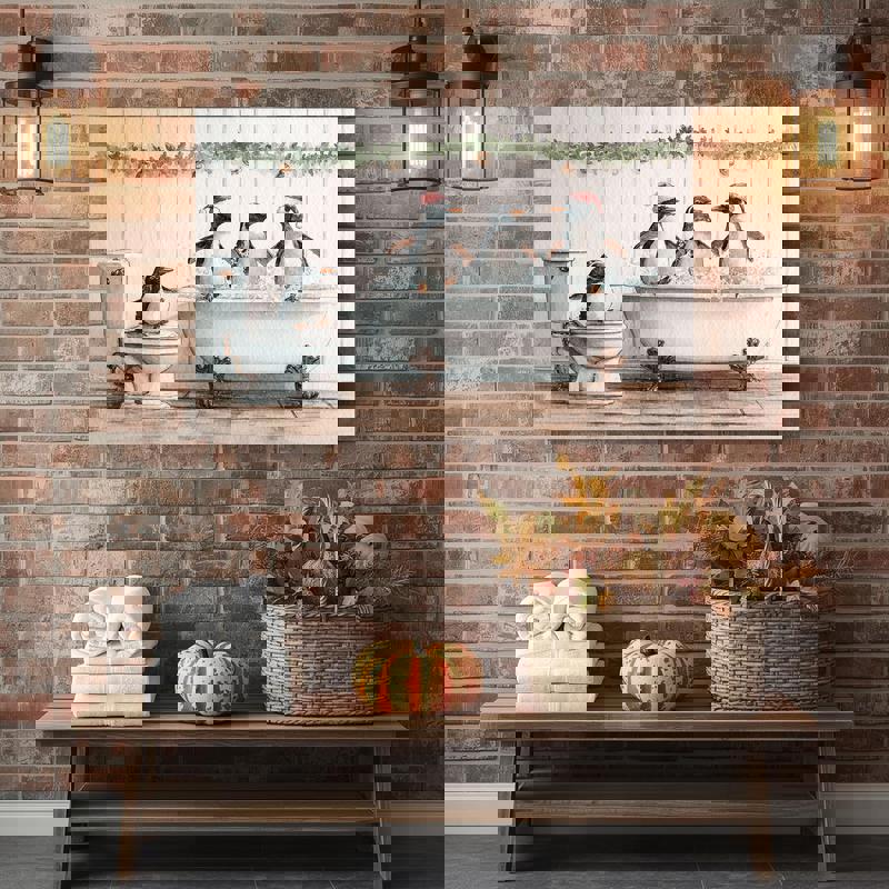 Funny Christmas Penguin canvas wall art, navy background bathroom decor with holiday humor and cute penguin motif, portrait Funny Christmas Penguin canvas wall art, navy background bathroom decor with holiday humor and cute penguin motif, portrait