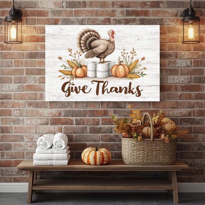Funny Thanksgiving turkey canvas wall art for bathroom, a witty seasonal accent and playful host gift for holiday gatherings
