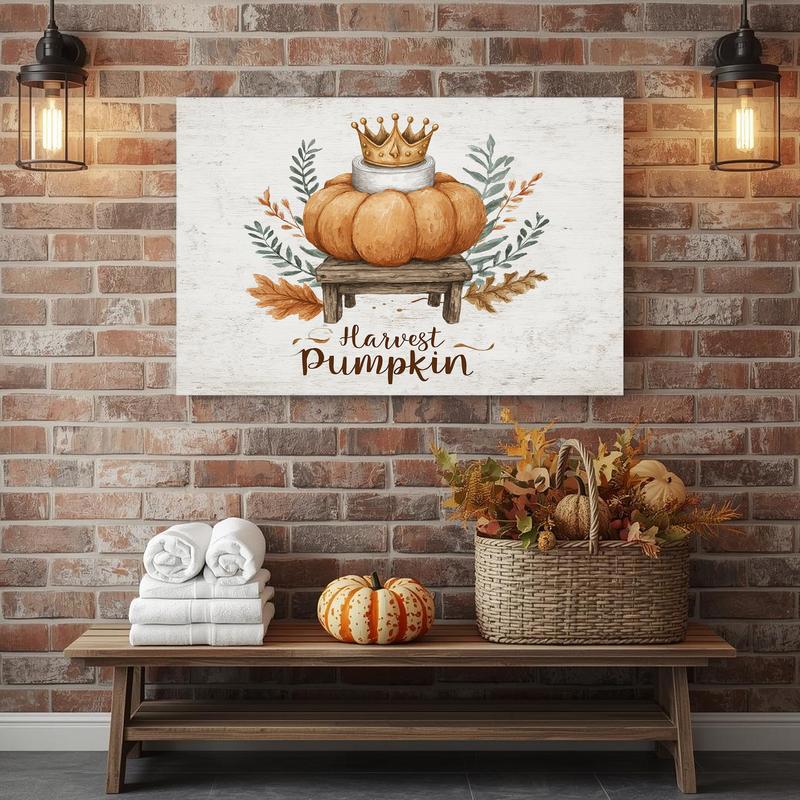 Harvest pumpkin with toilet paper canvas wall art, cozy powder room decoration in earthy colors, unframed print, landscape