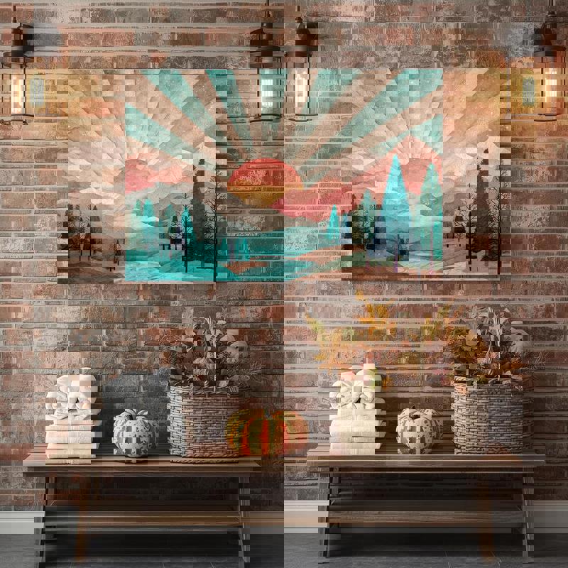 Pastel mountain landscape canvas wall art with radiant sunburst, panoramic crop, cool gray-blue palette suits modern bathroom