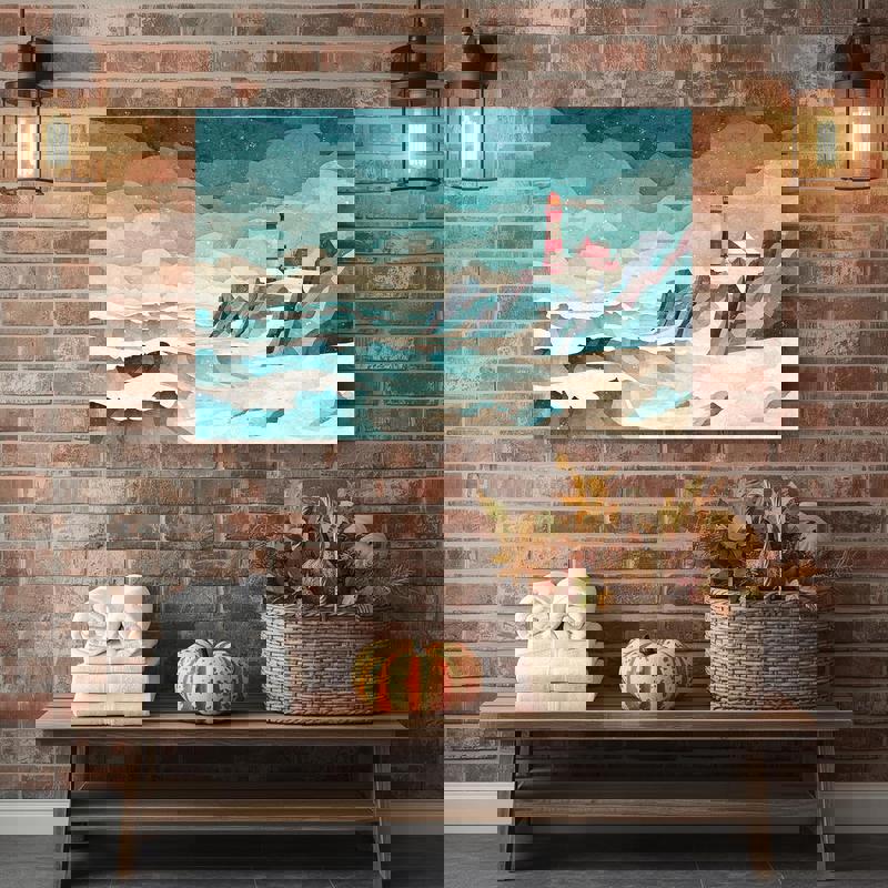 Playful pastel forest and river canvas wall art, Scandinavian-inspired minimal style for whimsical Christmas bathroom decor