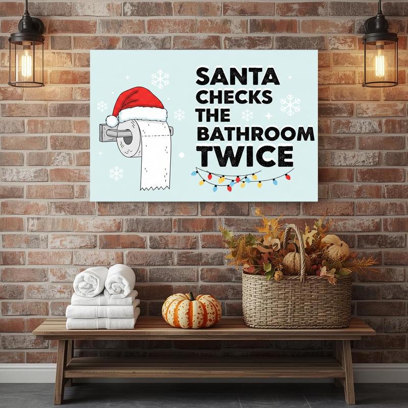 Christmas bathroom reminder canvas wall art for bathroom decor, 'Replace the Roll' message with Santa hat on toilet paper