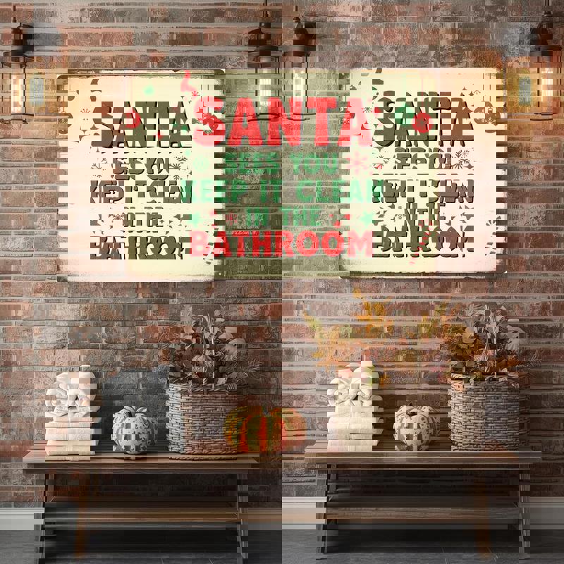 Santa Sees You Christmas canvas wall art, midcentury retro Santa graphic for bathroom wall with green background. Santa Sees You Christmas canvas wall art, midcentury retro Santa graphic for bathroom wall with green background.