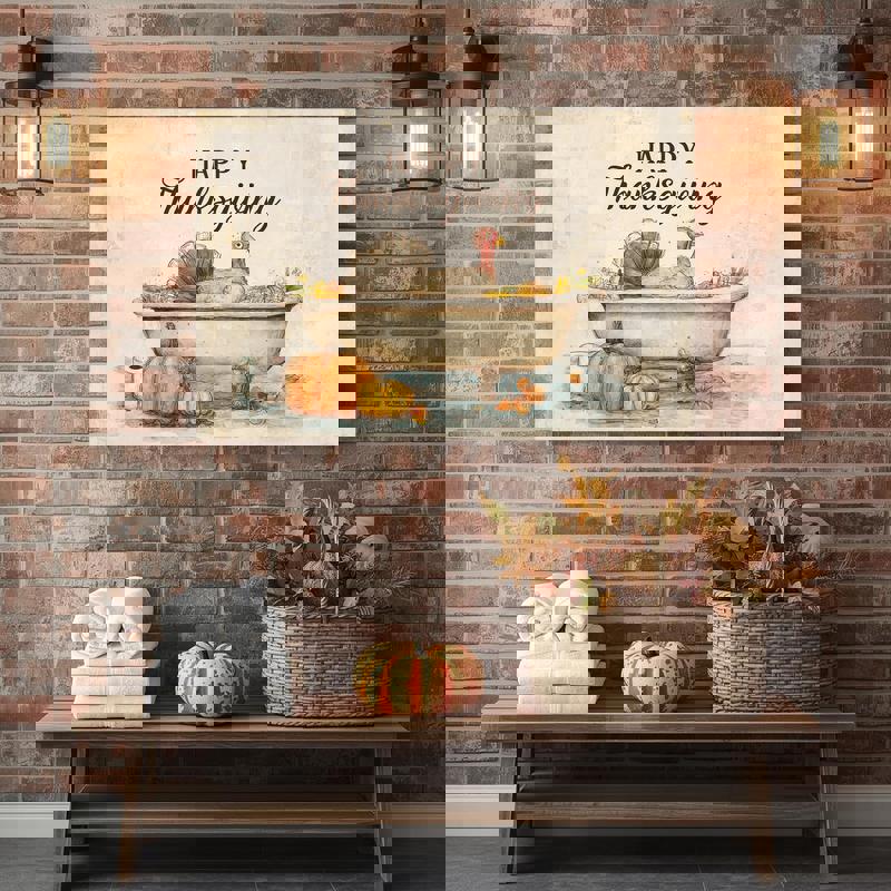 Thanksgiving turkey bathroom decoration canvas wall art in rustic farmhouse style, turkey lounging in a tub, autumn tones.