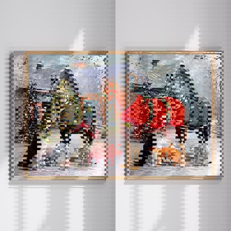 Christmas animals accent canvas, reindeer and penguin scene in red-green palette, wall art for a family living room | Familywalldecor