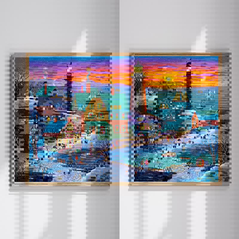 Festive coastal village scene canvas wall art for farmhouse bedroom decor, seaside cottages aglow with warm holiday lights. | Familywalldecor