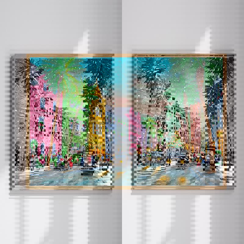 Colorful Christmas street scene bedroom accent canvas of Charleston’s Rainbow Row with wreaths and twinkling lights | Familywalldecor