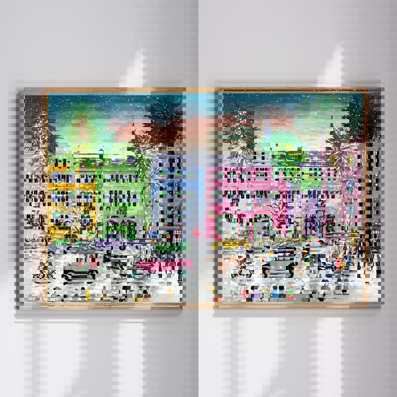 Holiday on Rainbow Row II bedroom accent canvas with a Christmas street scene of pastel row houses, wreaths, and lights | Familywalldecor