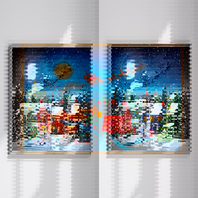 Santa's Christmas Eve Flight canvas, festive village under starry night with sleigh and reindeer, bedroom accent wall art | Familywalldecor