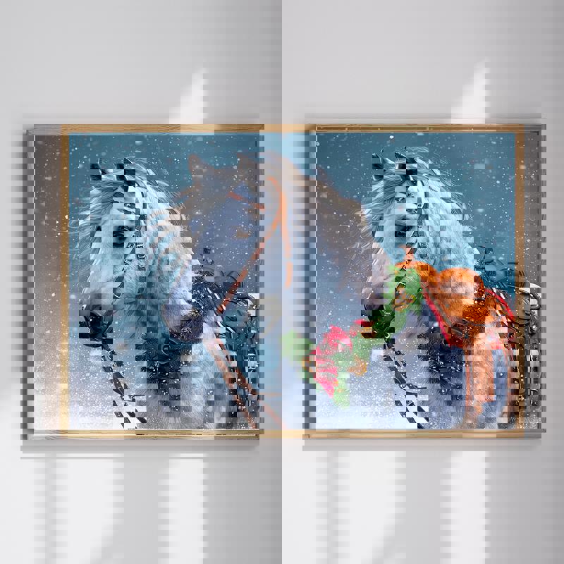 Snowy Christmas horse canvas wall art, rustic farmhouse winter bedroom decor featuring a serene horse in softly falling snow | Familywalldecor