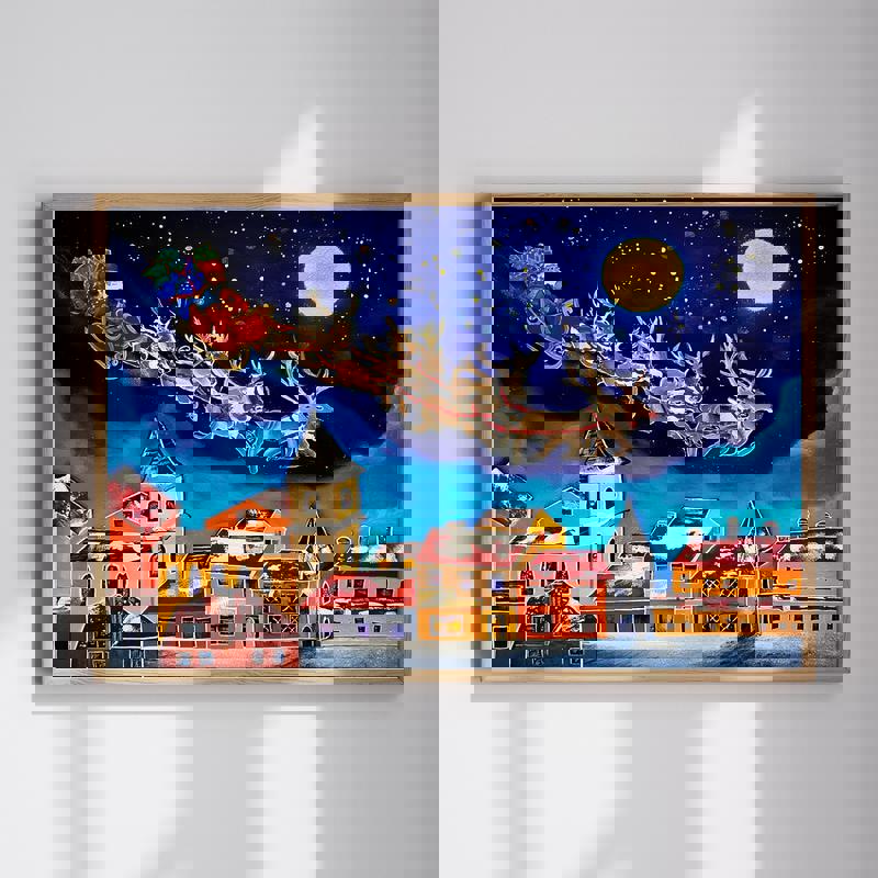 Night Before Christmas accent canvas of a cozy holiday bedroom at night with warm glow, string lights, and festive greenery | Familywalldecor