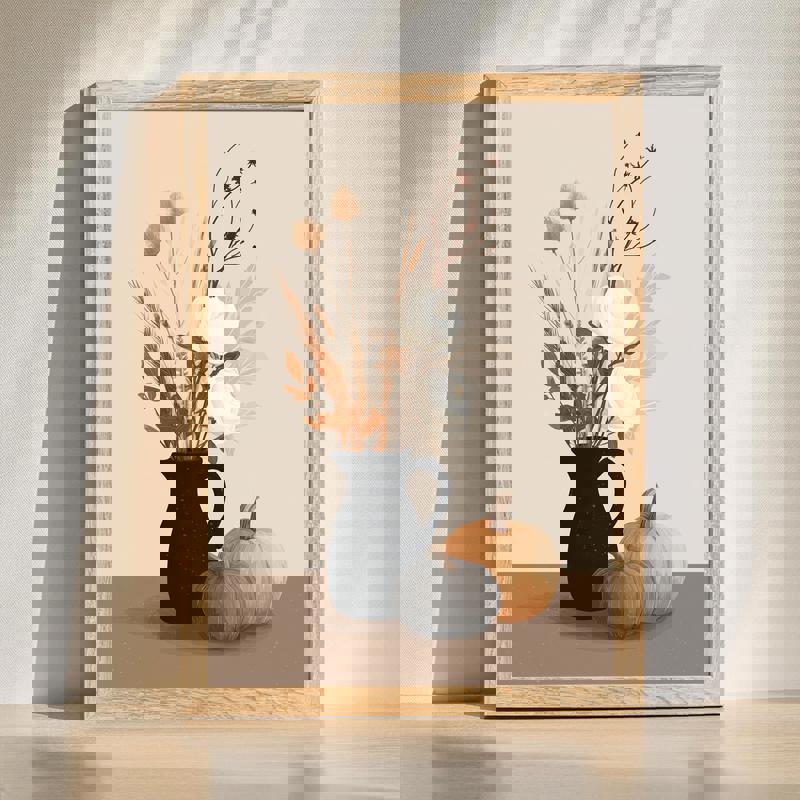 Autumn still life canvas featuring dried botanicals and simple vessels, warm earthy tones, ideal for minimalist bedroom decor | Familywalldecor