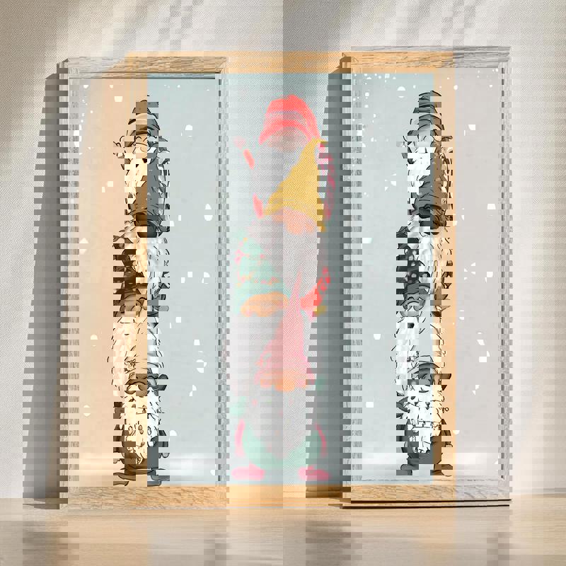 Christmas gnomes canvas wall art, whimsical holiday scene in soft pastels, landscape layout for cozy festive bedroom decor | Familywalldecor