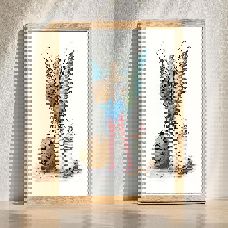 Cookie Thief Santa Dog canvas, funny Christmas bedroom wall art with a mischievous pup in Santa hat sneaking cookies by tree | Familywalldecor