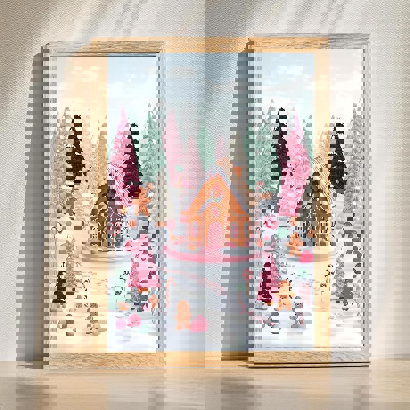 Gingerbread Forest Christmas canvas wall art with twinkling lights, candy canes, snowy pines, perfect for cozy bedroom decor | Familywalldecor