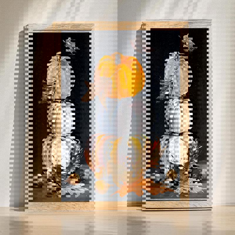 Rustic autumn harvest pumpkins canvas wall art for cozy bedroom decor, warm earth tones with fall leaves and farmhouse charm | Familywalldecor