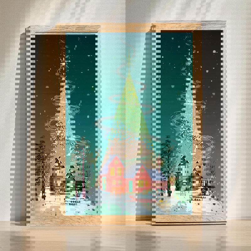 Christmas tree canvas wall art with a magical night scene, glowing lights and starlit sky, cozy holiday decor for bedroom. | Familywalldecor