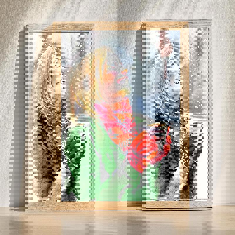 Portrait of woman in snow canvas wall art for romantic bedroom decor, elegant winter scene in soft whites and blues, vertical | Familywalldecor