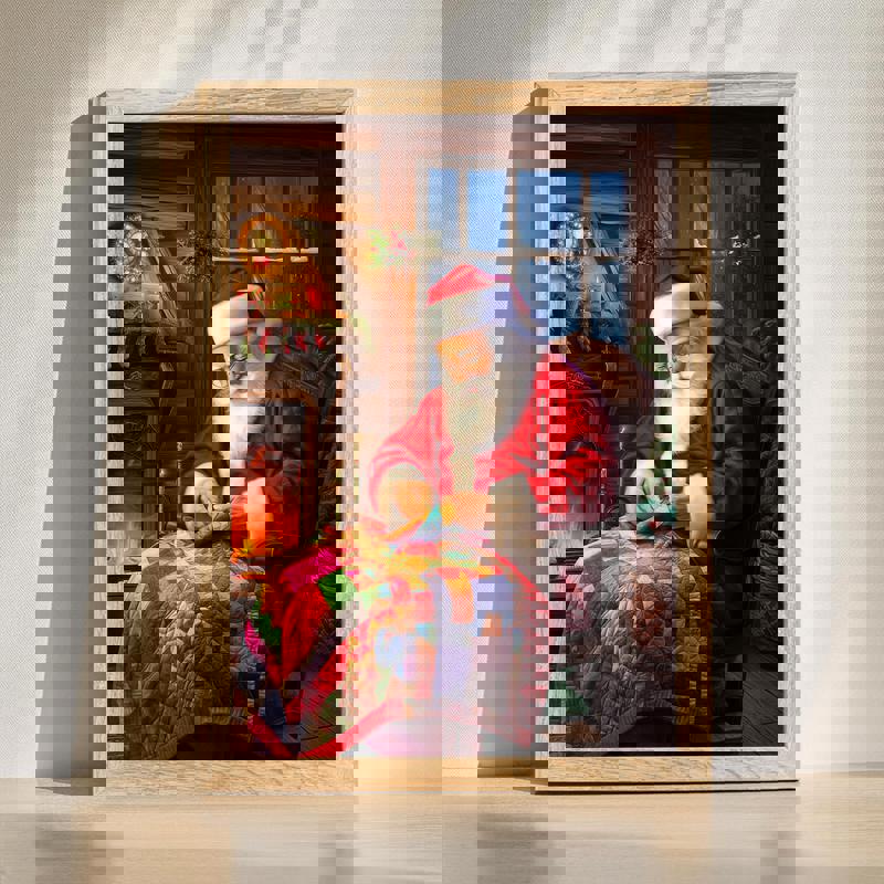 Santa’s Hobby Workshop canvas for cozy bedroom decor, festive Christmas scene with toys, warm lights, rustic workshop charm | Familywalldecor