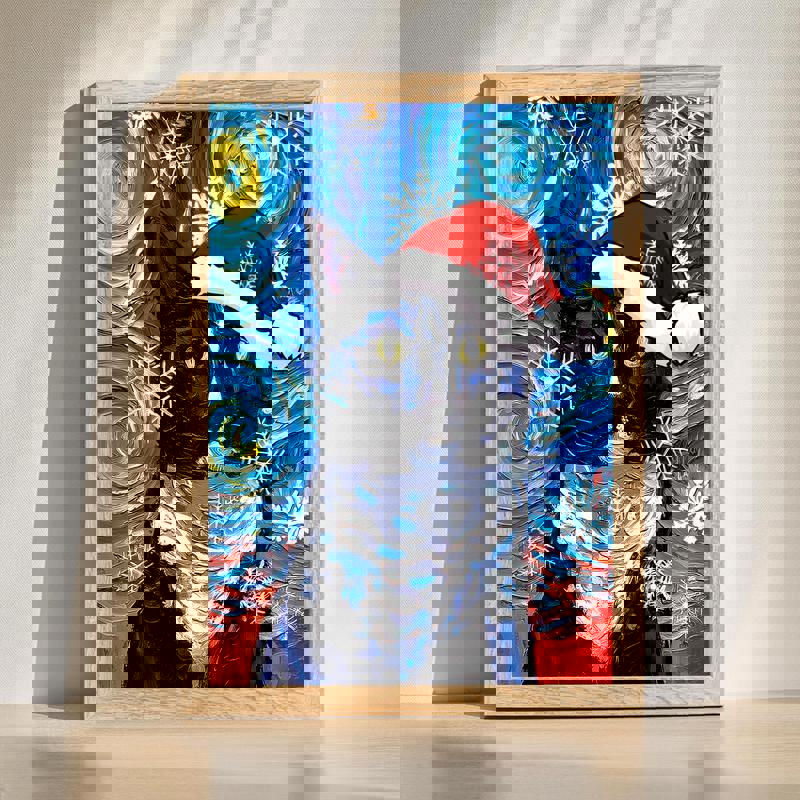 Tuxedo cat Santa canvas wall art, cute Christmas bedroom decor with festive hat and snowflakes, charming gift for cat lovers | Familywalldecor