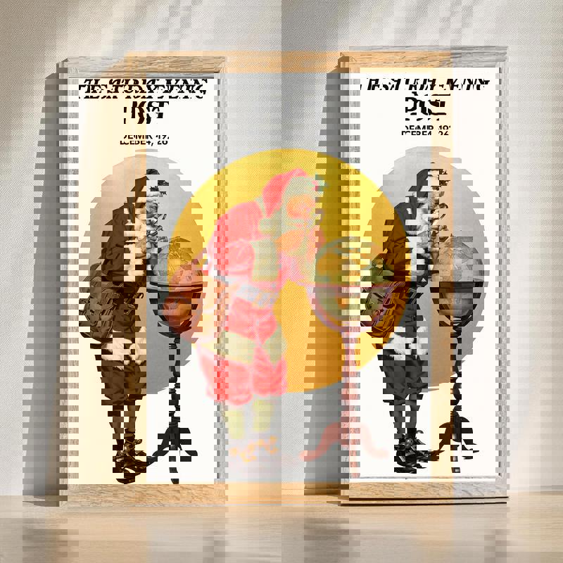 Vintage Santa Claus with globe canvas wall art for bedroom, classic holiday decor in warm tones, portrait orientation | Familywalldecor