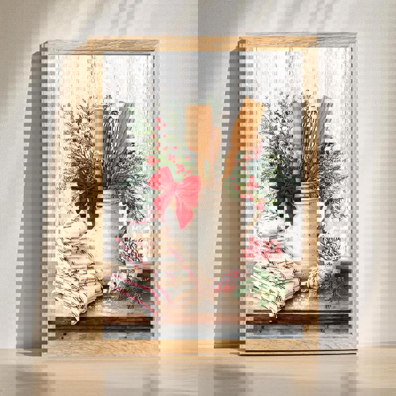 Christmas farmhouse kitchen canvas with vintage rolling pin, whisk, and holly on rustic shiplap, cozy wall art for bakers | Family Wall Decor