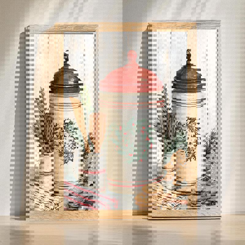 Christmas canvas wall art featuring a vintage ceramic sugar canister, festive farmhouse kitchen decor for a holiday touch | Family Wall Decor