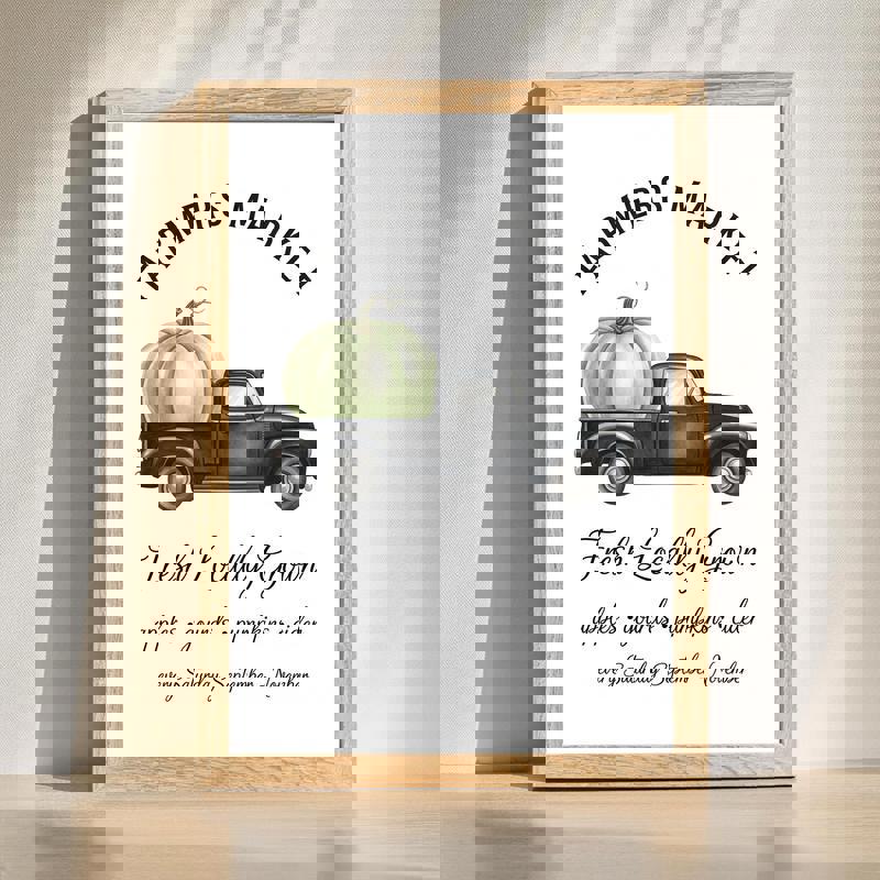 Farmers Market canvas wall art with pumpkins and wheat, rustic farmhouse fall decor for a cozy kitchen in warm neutral tones | Family Wall Decor