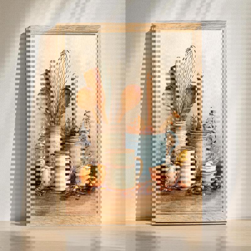 Farmhouse kitchen tools canvas wall art in warm autumn palette, rustic utensils on wood backdrop for cozy kitchen decor | Family Wall Decor