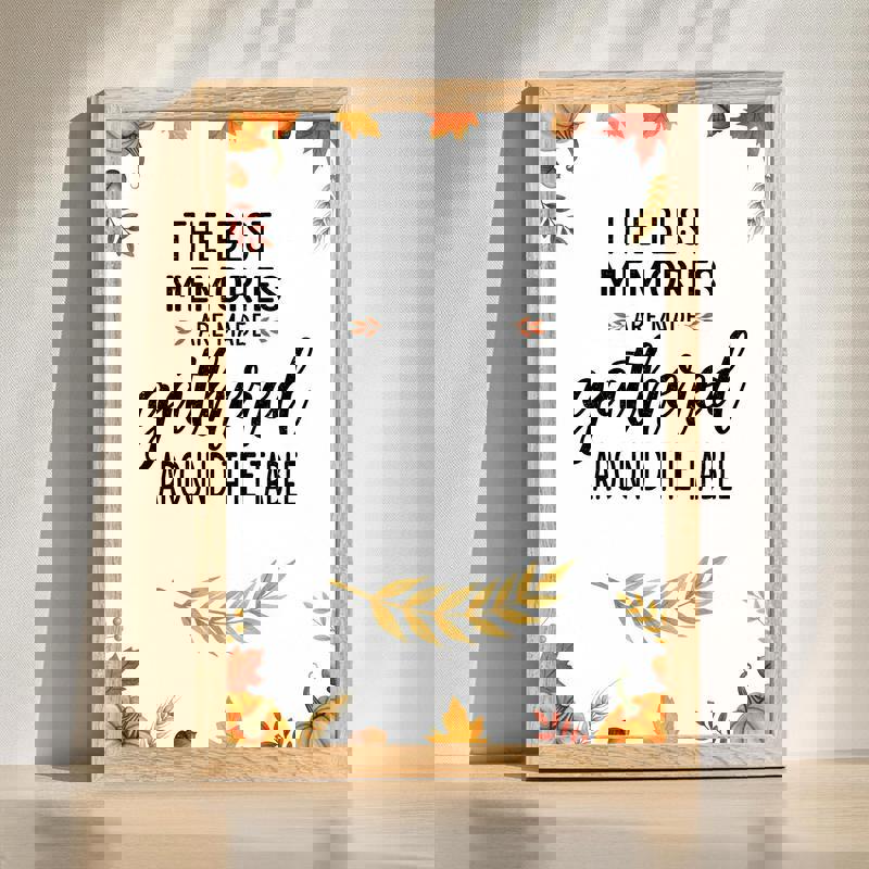 Thanksgiving canvas wall art featuring 'Gathered Around The Table' lettering, warm autumn tones, landscape for kitchen decor | Family Wall Decor