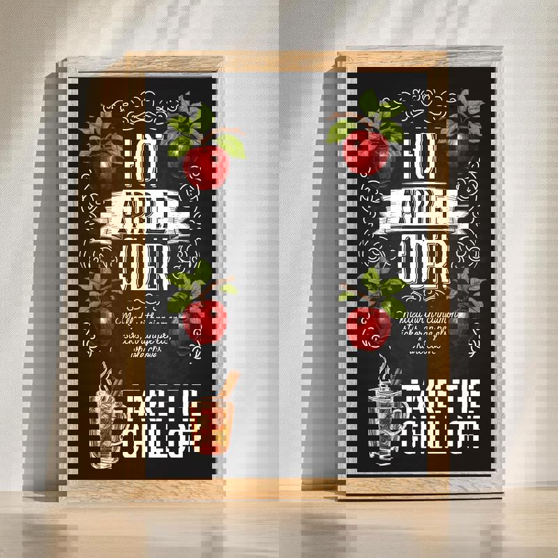 Hot Apple Cider Recipe canvas wall art with rustic typography and apple icon, modern farmhouse kitchen decor in portrait orientation | Family Wall Decor