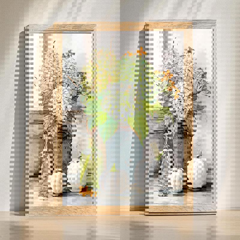 Hydrangea bouquet and pumpkin vase canvas wall art for rustic farmhouse kitchen decor, autumn tones on rustic wood backdrop | Familywalldecor