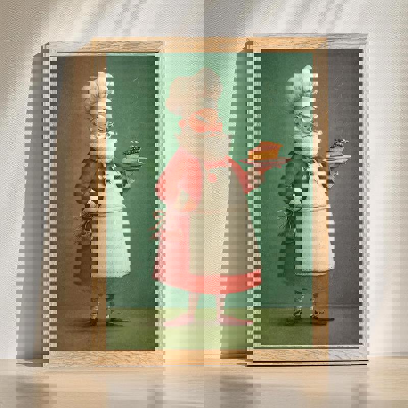 Funny Santa masterchef Christmas kitchen canvas with Santa in chef hat cooking, festive red accents, portrait orientation | Family Wall Decor