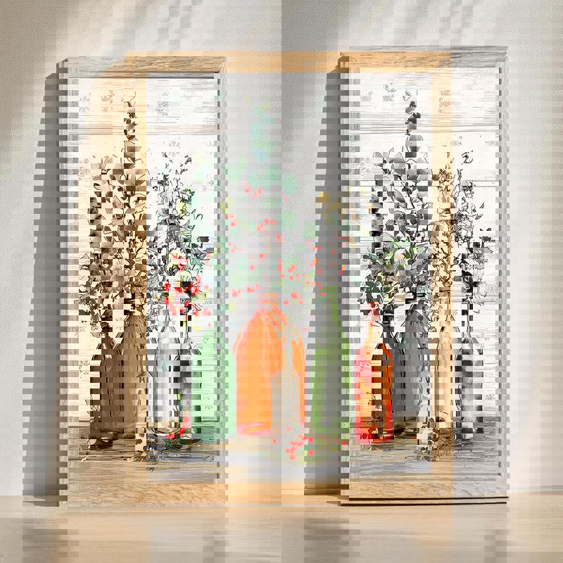 Modern farmhouse Christmas canvas wall art featuring rustic vase of pine, eucalyptus, and red berries for kitchen decor | Family Wall Decor