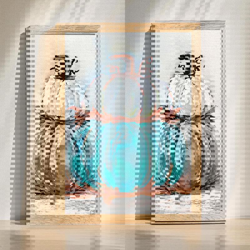 Pumpkin stack canvas wall art, rustic farmhouse fall decor for kitchen; neutral pumpkins on shiplap wood, vertical portrait | Familywalldecor