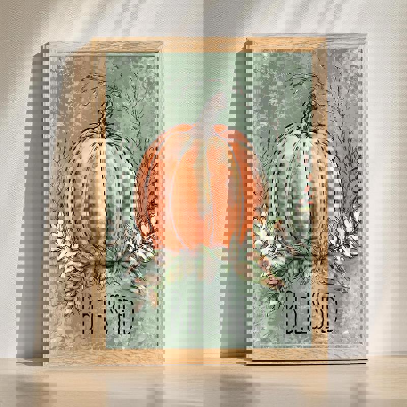 Rustic blessed pumpkin canvas wall art for farmhouse kitchen decor, with hand-lettered script and autumn harvest tones | Familywalldecor