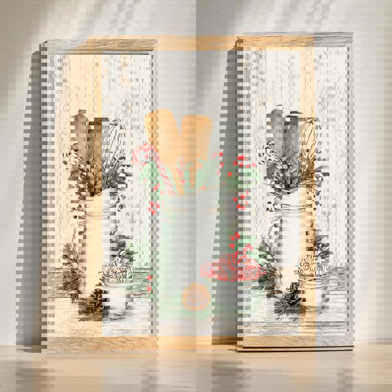 Rustic white farmhouse pitcher canvas wall art with enamel jug and wooden spoons, neutral palette for country kitchen decor | Family Wall Decor