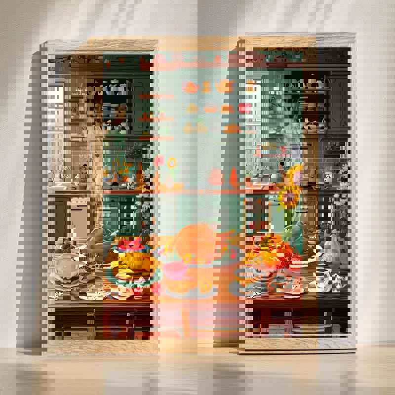 Thanksgiving dinner canvas for farmhouse kitchen, wall decor with pumpkins, fall leaves, and rustic script in autumn tones | Family Wall Decor