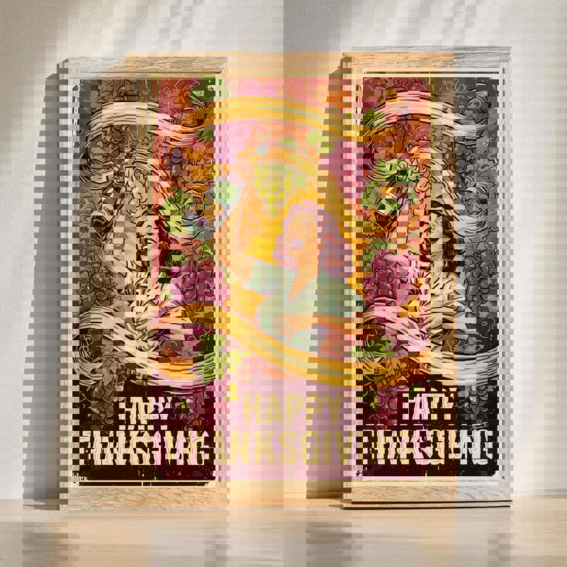 Thanksgiving toast wine ad canvas, vintage poster style with clinking glasses and warm autumn tones for kitchen wall decor | Family Wall Decor