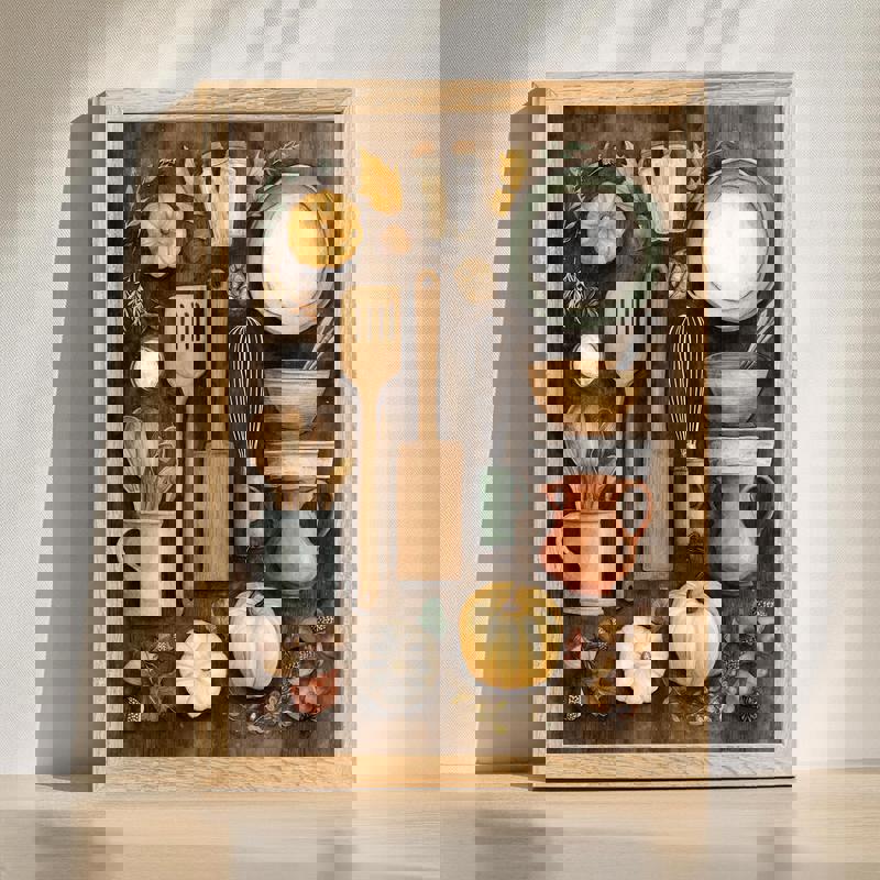 Autumn vintage kitchen tools canvas wall art featuring rustic copper utensils and maple leaves, farmhouse kitchen decor | Family Wall Decor