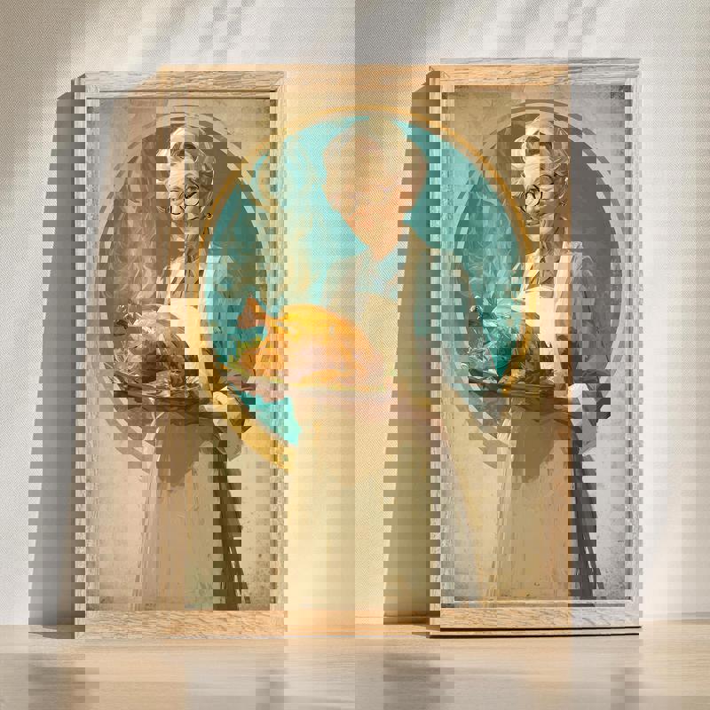 Woman holding platter with turkey canvas wall art for farmhouse kitchens, rustic neutral palette, vertical orientation | Family Wall Decor