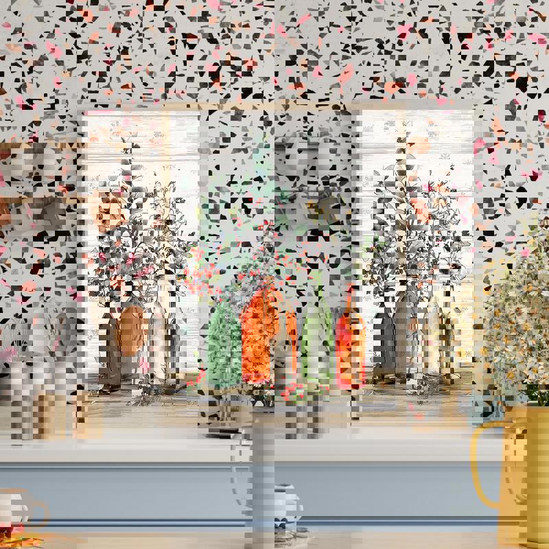 Modern farmhouse Christmas botanical canvas, rustic vase of evergreens and red berries in watercolor, landscape for kitchen