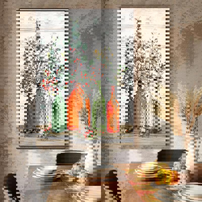 Modern farmhouse Christmas canvas wall art with rustic vase, pine sprigs and red berries on beige linen texture, portrait