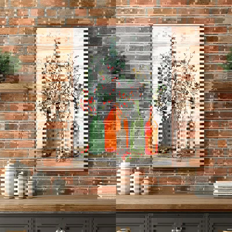 Modern farmhouse Christmas kitchen decor canvas featuring rustic vase with winter botanicals, pine needles and berry accents