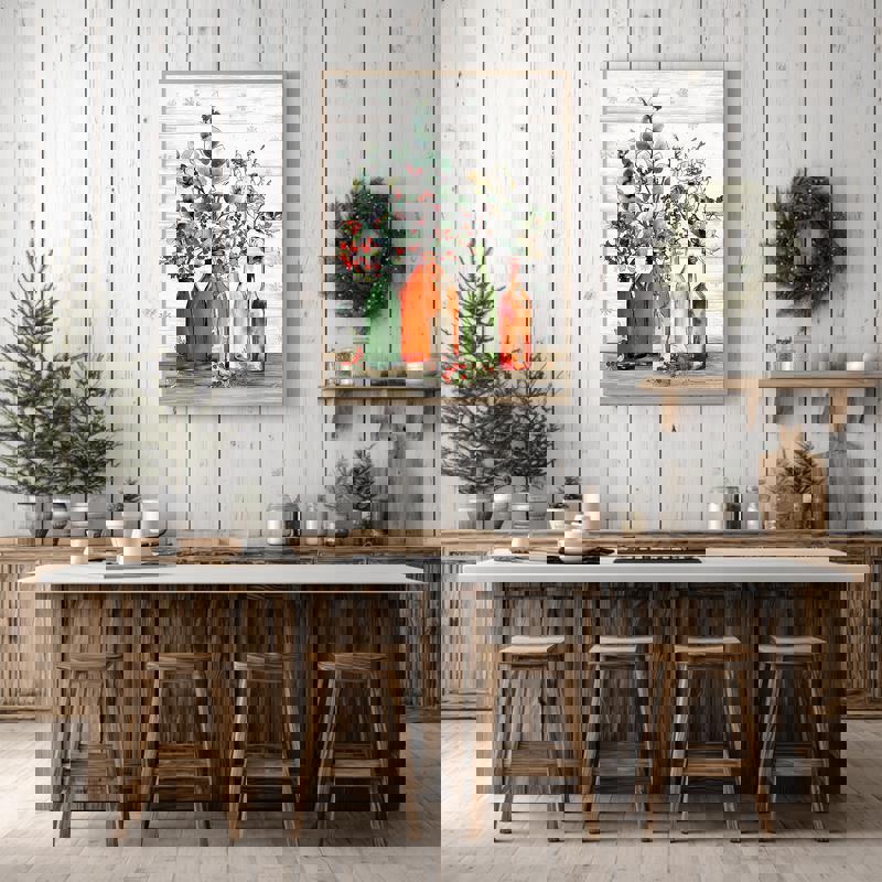 Modern farmhouse Christmas canvas print, rustic vase with spruce branches and berries in charcoal style, landscape