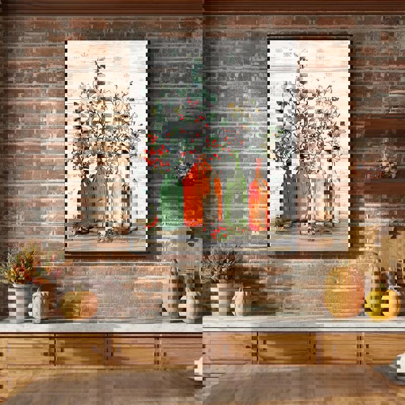 Modern farmhouse Christmas kitchen canvas, rustic vase of pine, cedar and red berries, square format for kitchen nook