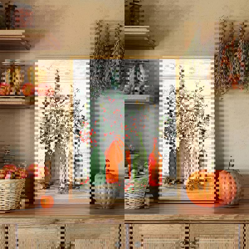 Modern farmhouse Christmas stretched canvas print of rustic ceramic vase with pine, holly, and pinecones for kitchen decor